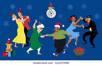 Christmas Or New Year Party At A Retirement Community, Senior Citizens Dancing, EPS 8 Vector Illustration