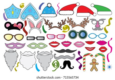 Christmas (New year) party set. Glasses, hats, lips, moustache, beard, antler, kokoshnik, mask, candy,  gingerbread man and all. Vector.