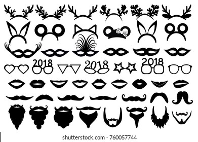 Christmas (new year) party set. Horns, ears, carnival masks, lips, glasses, moustache, beards.