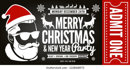 Christmas and New Year Party Ticket Invitation. Vector illustration.