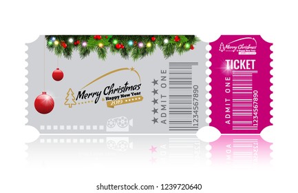 Christmas or New Year party ticket card design template. Vector Illustraton. White and pink color.