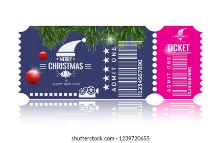 Christmas or New Year party ticket card design template. Vector Illustraton. Blue and pink color.