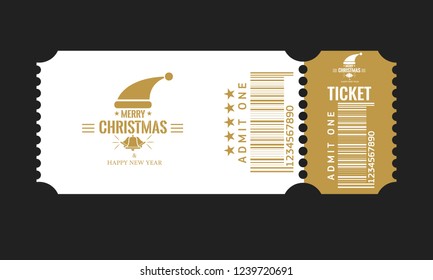 Christmas Or New Year Party Ticket Card Design Template. Vector Illustraton. White And Golden Color.