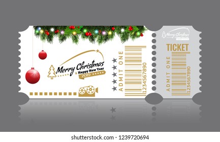 Christmas or New Year party ticket card design template. Vector Illustraton. White color.