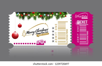 Christmas or New Year party ticket card design template. Vector Illustraton. White and pink color.