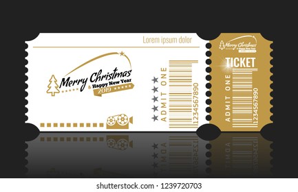 Christmas or New Year party ticket card design template. Vector Illustraton. White and golden color.