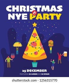 Christmas and New Year Party vector poster template. Poster for entrance to the party. Christmas Food Modern illustration template. Vector illustration of people, food and wine. Food People Party.