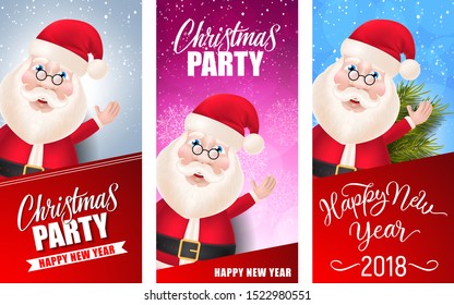 Christmas and New Year Party vertical banners set. Cute Santa Claus waving and greeting on grey, purple and blue background. Vector illustration for flyers, invitation cards, poster