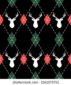 Christmas and new year pattern argyle with deers. Plaid in green, red rhombuses and deers. Scottish cage. Christmas background with diamonds and deers. Seamless fabric texture. Vector illustration