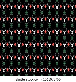 Christmas and new year pattern argyle with deers. Plaid in green, red rhombuses and deers. Scottish cage. Christmas background with diamonds and deers. Seamless fabric texture. Vector illustration Christmas and new year pattern argyle with deers. Plaid in green, red rhombuses and deers. Scottish cage. Christmas background with diamonds and deers. Seamless fabric texture. Vector illustration