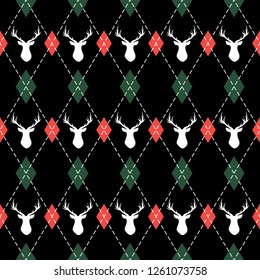 Christmas and new year pattern argyle with deers. Plaid in green, red rhombuses and deers. Scottish cage. Christmas background with diamonds and deers. Seamless fabric texture. Vector illustration