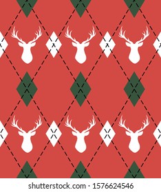 Christmas and new year pattern argyle with deers. Plaid in white, red rhombuses and deers. Scottish cage. Christmas background with diamonds and deers. Seamless fabric texture. Vector illustration