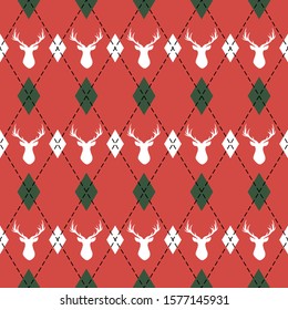 Christmas and new year pattern argyle with deers. Plaid in white, red rhombuses and deers. Scottish cage. Christmas background with diamonds and deers. Seamless fabric texture. Vector illustration