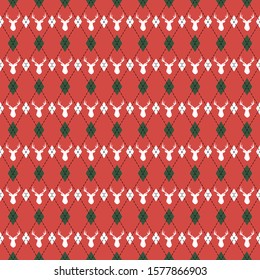 Christmas and new year pattern argyle with deers. Plaid in white, red rhombuses and deers. Scottish cage. Christmas background with diamonds and deers. Seamless fabric texture. Vector illustration