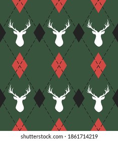 Christmas and new year pattern argyle with deers. Plaid in black, red rhombuses and deers. Scottish cage. Christmas background with diamonds and deers. Seamless fabric texture. Vector illustration