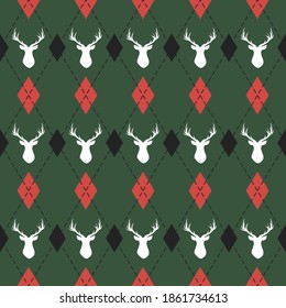 Christmas and new year pattern argyle with deers. Plaid in black, red rhombuses and deers. Scottish cage. Christmas background with diamonds and deers. Seamless fabric texture. Vector illustration