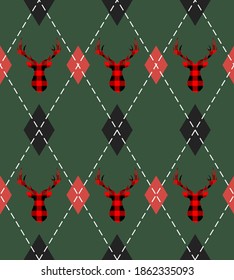 Weihnachten und neues Jahr Muster-Stil mit Hirschen. Plaid in schwarzen, roten Hombussen und Hirschen. Schottischer Käfig. Weihnachtshintergrund mit Diamanten und Hirschen. Nahtlose Textur. Vektorgrafik