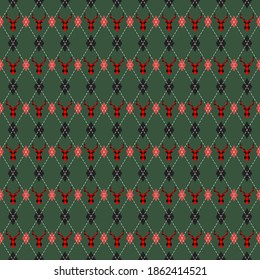Christmas and new year pattern argyle with deers. Plaid in black, red rhombuses and deers. Scottish cage. Christmas background with diamonds and deers. Seamless fabric texture. Vector illustration