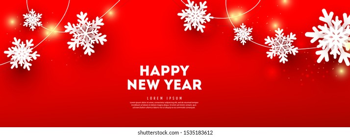 Christmas and New Year pattern banner with lettering and white Xmas snowflakes on red background for horizontal poster, greeting cards, headers, website