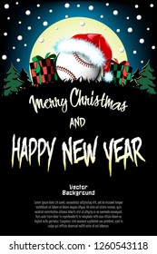 Christmas and new year pattern. Baseball ball in santa hat, gift boxes, firs on the background of the moon and snowflakes. Pattern for banner, poster, greeting card, invitation. Vector illustration