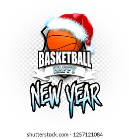 Christmas and new year pattern. Basketball logo template design. Basketball ball with santa hat. Pattern for banner, poster, greeting card, party invitation. Vector illustration