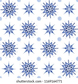 Christmas or New Year pattern with blue snowflakes on white background for winter holidays design. Vector illustration. Template for Greeting Cards, Scrapbooking, Congratulations, Invitations