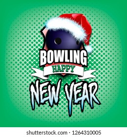 Christmas and new year pattern. Bowling logo template design. Bowling ball with santa hat. Pattern for banner, poster, greeting card, party invitation. Vector illustration