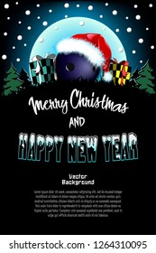Christmas and new year pattern. Bowling ball in santa hat, gift boxes, firs on the background of the moon and snowflakes. Pattern for banner, poster, greeting card, invitation. Vector illustration