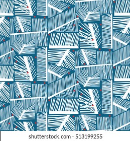 Christmas and New Year pattern with branches. Vector Christmas background. Ornamental, traditional, simple.  Cute print with pine branches in scandinavian style.