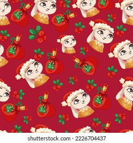 Christmas, New Year pattern with bunny, winter plants, sweets, gifts on a red background. Bright, festive background with brownies, fir branches, berries, bunnies.