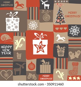 Christmas and New Year pattern. Celebration background with Christmas ball, Christmas tree, deer, star and gift box. Vector illustration