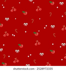 Christmas and New Year pattern with cherry, apple, candy cane, ribbon on red background for festive wallpaper, backdrop, winter decoration, gift wrap, packaging, blanket, paper design, card, fabric