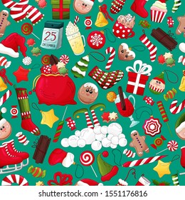 Christmas and New Year pattern. Colorful winter holiday background with traditional xmas element. Vector christmas icons food and decoration symbols. Many types winter theme objects. Festive wallpaper