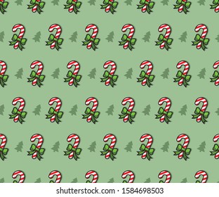 Christmas New Year pattern colourful Candy Canes with bow and pine trees Green background