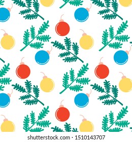 Christmas New Year pattern of coniferous branches of Christmas toys. Festive background. Editable Vector Illustration