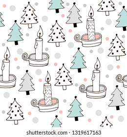 Christmas and New Year pattern consisting of candles, candlesticks, Christmas trees and small snowflakes