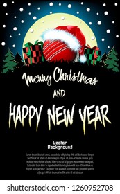 Christmas and new year pattern. Cricket ball in santa hat, gift boxes, firs on the background of the moon and snowflakes. Pattern for banner, poster, greeting card, invitation. Vector illustration