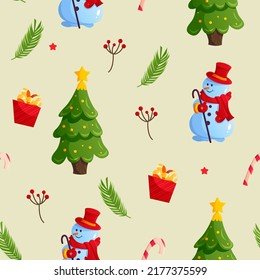 Christmas, New Year pattern with cute, cartoon Snowmen, Christmas tree, Gift box, Fir branches and Holiday Sweets. Texture on a beige background for wrapping paper, textile design.