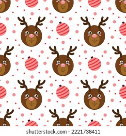 Christmas and New Year pattern with cute reindeer character and Christmas pink balls on white background. Vector seamless texture for holiday designs.