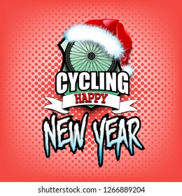 Christmas and new year pattern. Cycling logo template design. Bicycle wheel with santa hat. Pattern for banner, poster, greeting card, party invitation. Vector illustration