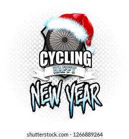 Christmas and new year pattern. Cycling logo template design. Bicycle wheel with santa hat. Pattern for banner, poster, greeting card, party invitation. Vector illustration