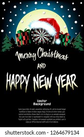 Christmas and new year pattern. Dartboard in santa hat, gift boxes, firs on the background of the moon and snowflakes. Pattern for banner, poster, greeting card, invitation. Vector illustration