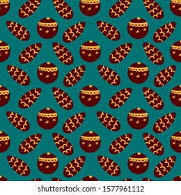 Christmas and New Year pattern with Christmas decorations pine cone and ball on a blue background. Holiday vector illustration.