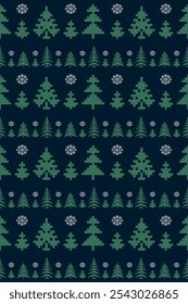 Christmas and New year pattern design. Blue, green and white seamless ethnic pattern. Christmas ethnic pixel pattern with pine trees and Nordic snowflakes for winter hats, jumpers and folk sweaters.