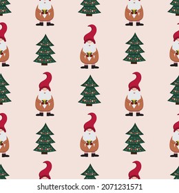 Christmas and New Year pattern with funny gnomes and gifts. Nordic, scandinavian Christmas. Suitable for greeting cards, holiday prints, invitations, wrapping paper, scrapbooking, wall paper, fabric