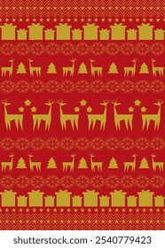 Christmas and New Year pattern with gifts, deer, snowflake. red and gold.