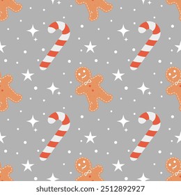 Christmas and New Year pattern with gingerbread, stars, candy cane and snowflakes. Vector illustration.

