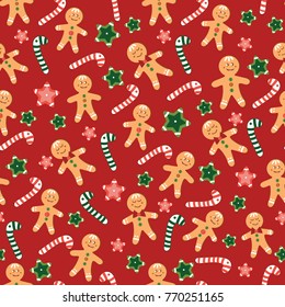 Christmas and new year pattern with gingerbread men on red background, holiday, textile, paper, Wallpaper, décor, napkins