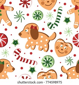 Christmas and new year pattern with gingerbread, dog, stars, hearts, sweets, men with bows, textile, postcards, paper on a light background