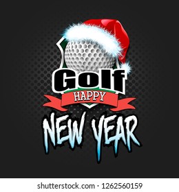 Christmas and new year pattern. Golf logo template design. Golf ball with santa hat. Pattern for banner, poster, greeting card, invitation. Vector illustration